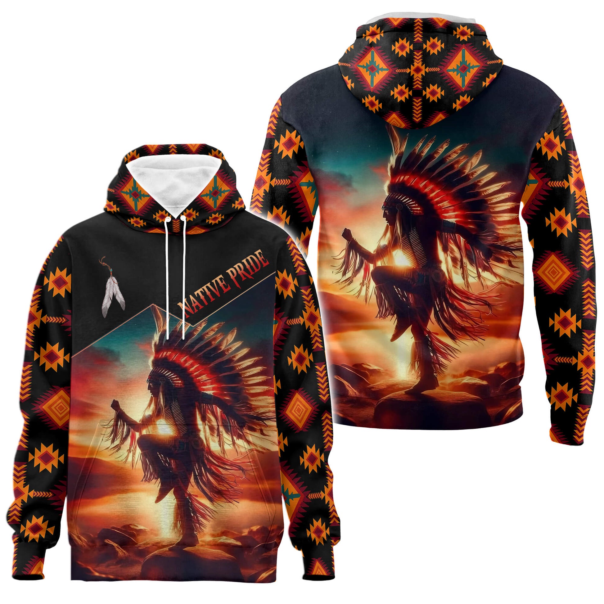 Hoodie with sunset silhouette of Native dancer and southwestern tribal artwork