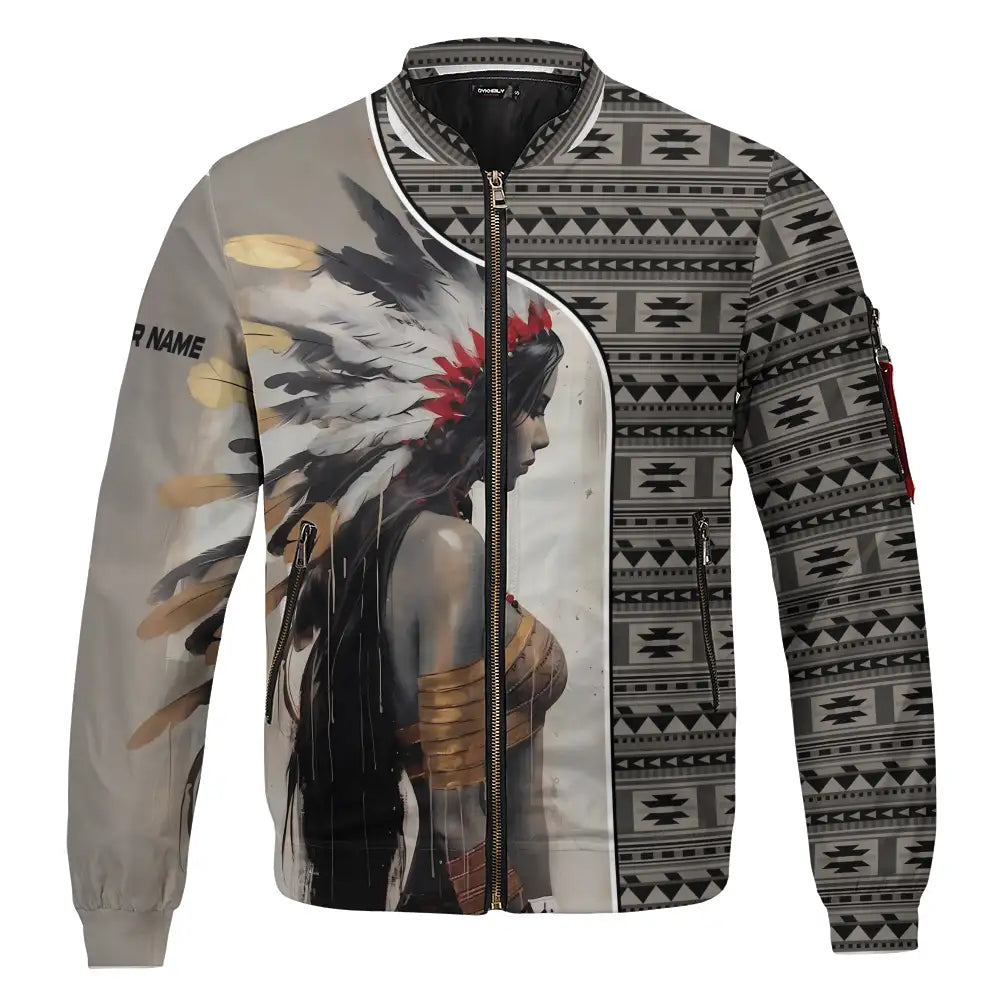 Front view of bomber jacket featuring Native American woman in feathered headdress and tribal pattern design