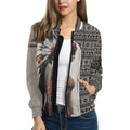 Woman wearing Native American inspired bomber jacket with side profile female chief and geometric tribal pattern
