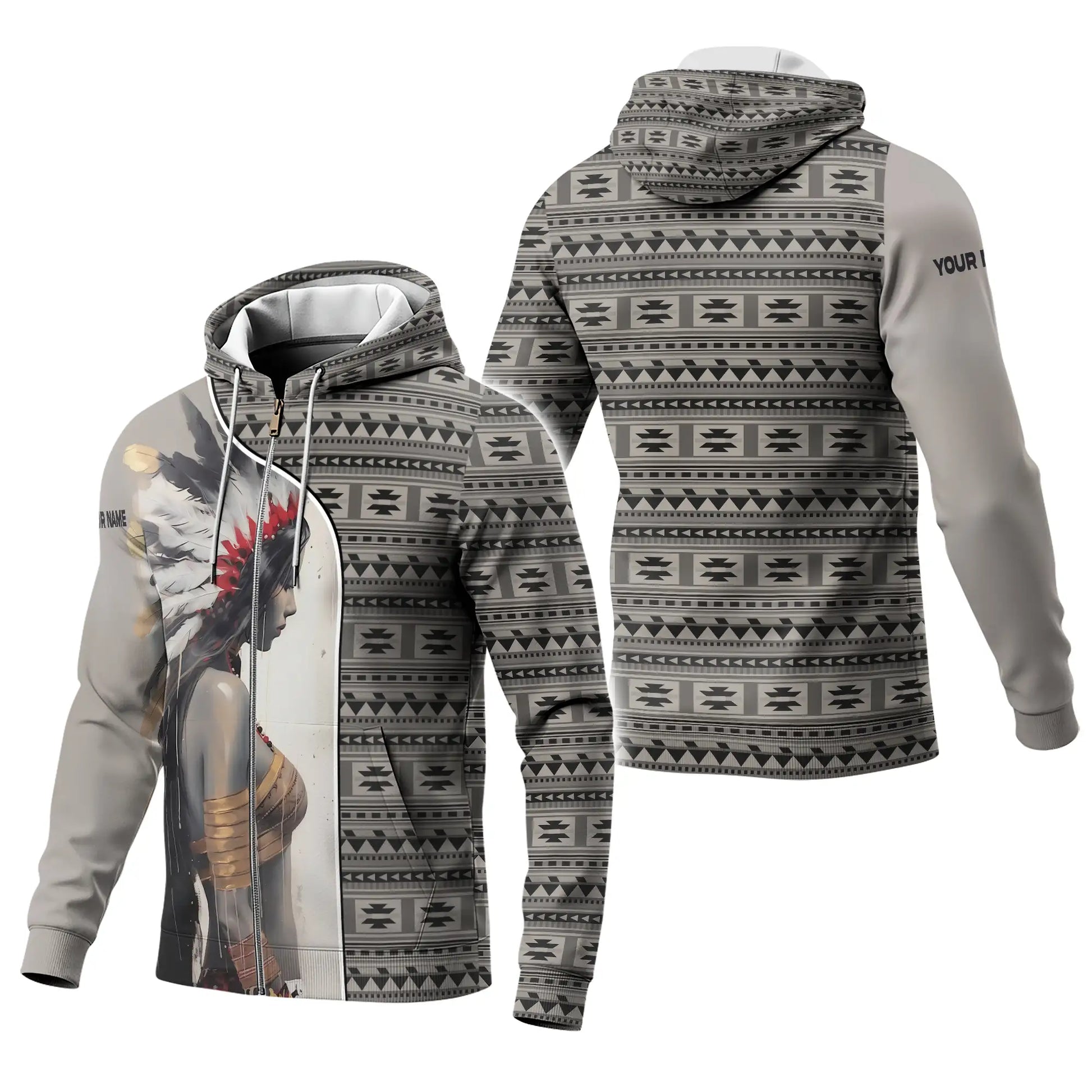 Front view of  jacket featuring Native American woman in feathered headdress and tribal pattern design