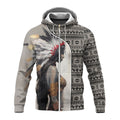 Front close-up view of hoodie showing Native American woman in feather headdress and detailed tribal pattern