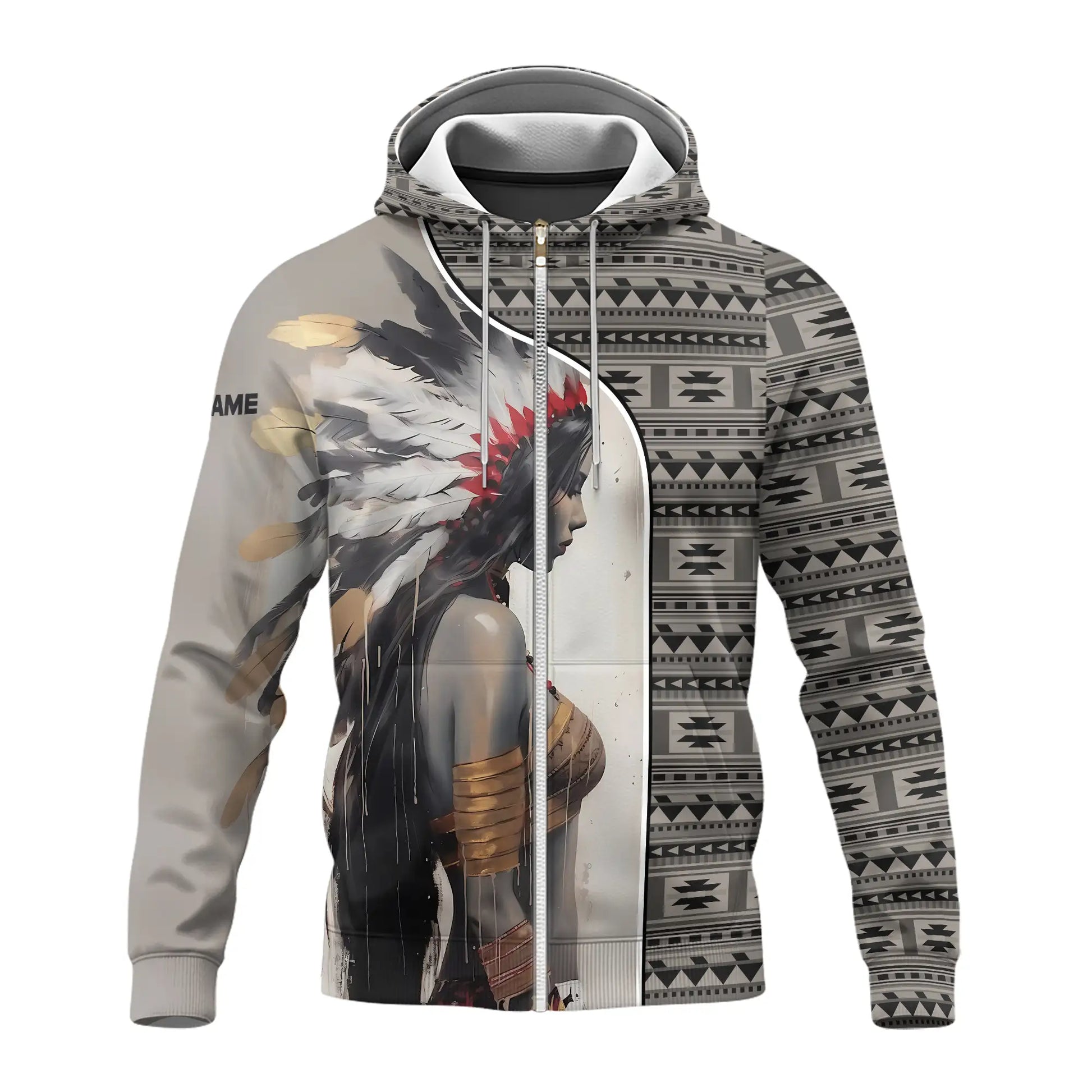 Front close-up view of hoodie showing Native American woman in feather headdress and detailed tribal pattern
