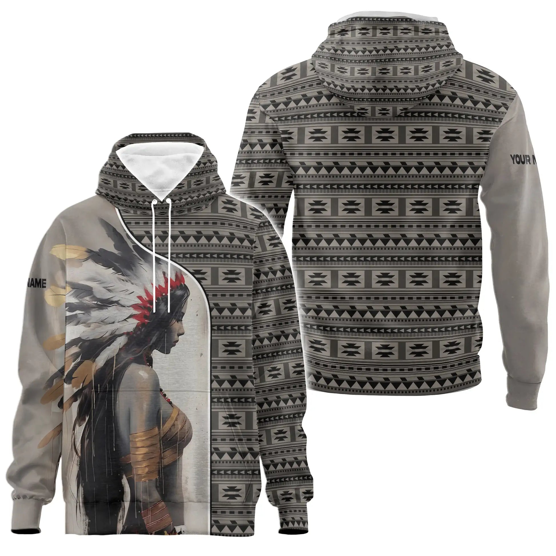  Front and back view of Native warrior hoodie with female figure and Southwest tribal motifs