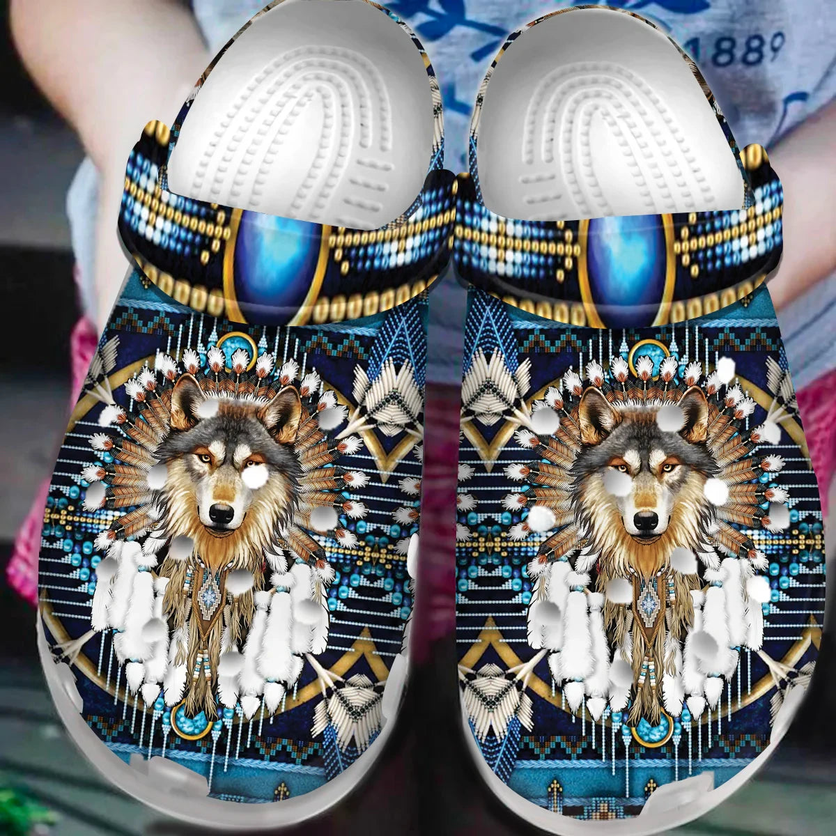 Front view of Native Wolf Dreamcatcher Crocs with vibrant tribal wolf and dreamcatcher design