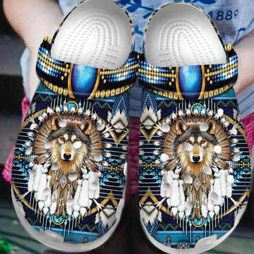 Front view of Native Wolf Dreamcatcher Crocs with vibrant tribal wolf and dreamcatcher design