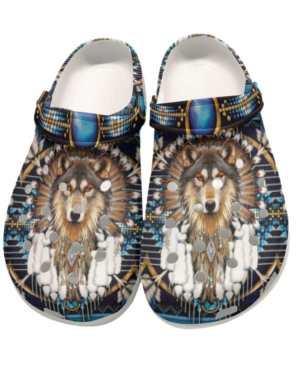 Front view of Native Wolf Dreamcatcher Crocs with vibrant tribal wolf and dreamcatcher design
