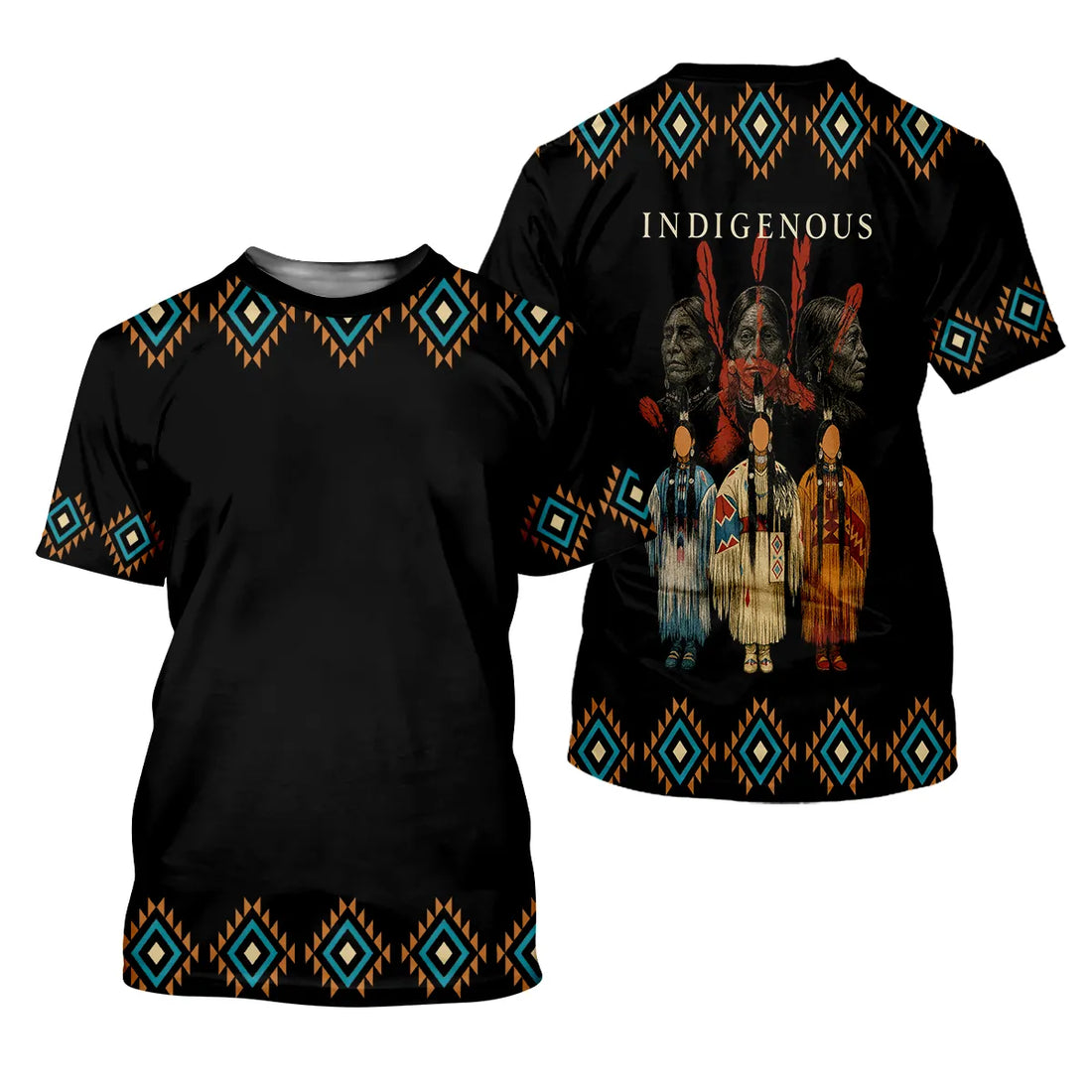 Black polo shirt with turquoise‑and‑orange diamond tribal borders on shoulders, sleeves, and hem; back showcases the word “INDIGENOUS” above three stoic indigenous profiles and three matching stylized tribal dolls.