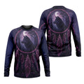 Long sleeve T Shirt featuring a mystical wolf design within a dreamcatcher, surrounded by purple feathers and a starry night sky. This symbolic artwork represents spiritual protection and a connection to the night, perfect for evening wear.