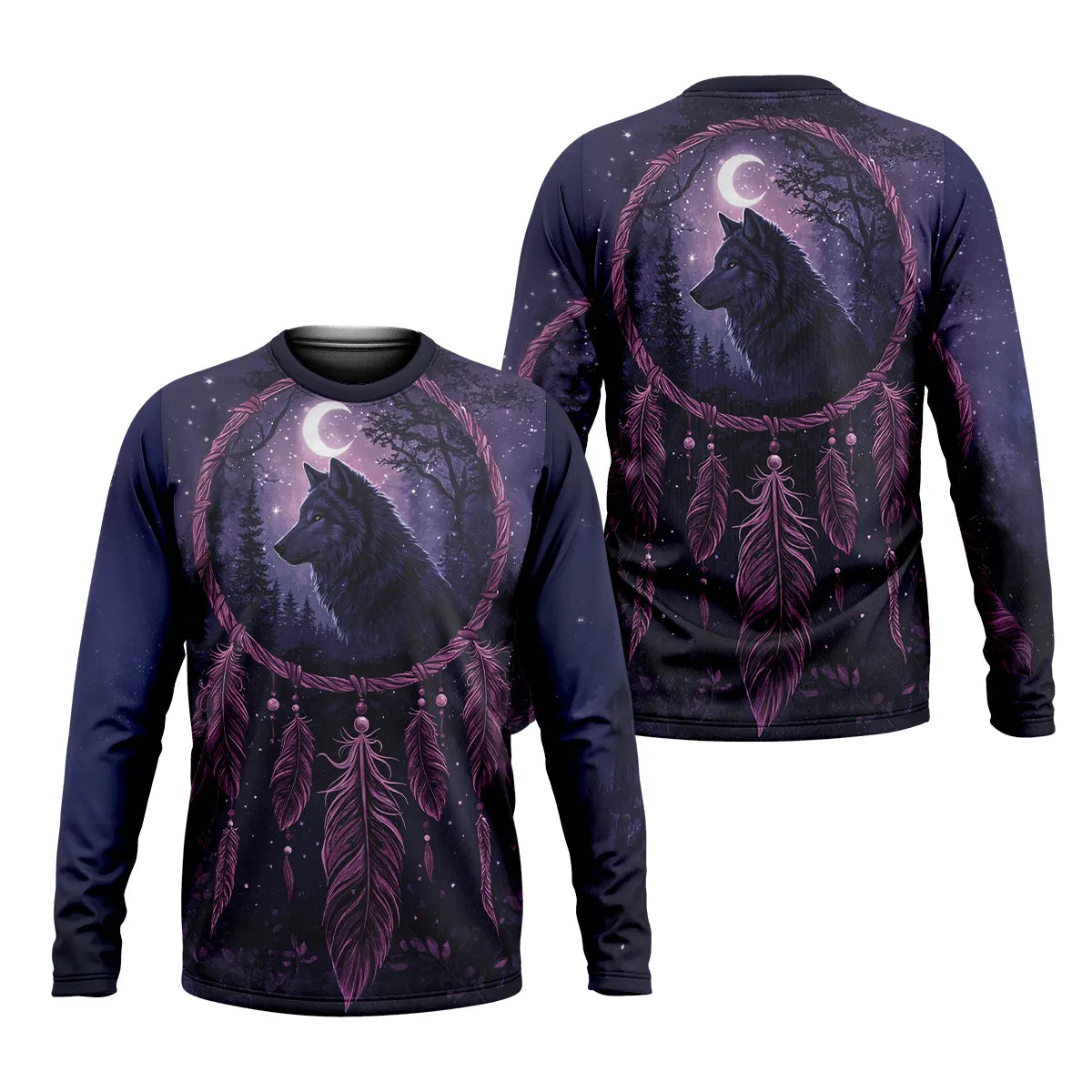 Long sleeve T Shirt featuring a mystical wolf design within a dreamcatcher, surrounded by purple feathers and a starry night sky. This symbolic artwork represents spiritual protection and a connection to the night, perfect for evening wear.