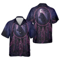 Hawaiian shirt showcasing a dreamcatcher with a mystical wolf and flowing feathers against a purple and starry background. Symbolizing Native American spirituality, this design is ideal for evening gatherings.