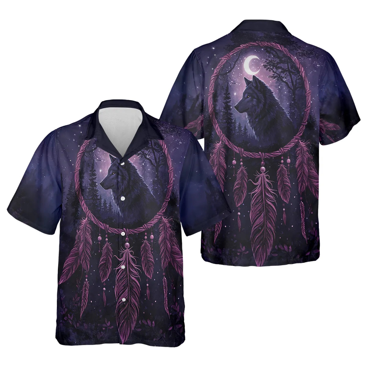 Hawaiian shirt showcasing a dreamcatcher with a mystical wolf and flowing feathers against a purple and starry background. Symbolizing Native American spirituality, this design is ideal for evening gatherings.