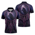 Polo shirt with a dreamcatcher design featuring a wolf and purple feathers, symbolizing spiritual protection and Native American culture. The design's night sky background makes it a perfect choice for evening events.