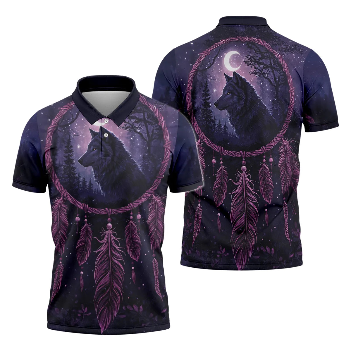 Polo shirt with a dreamcatcher design featuring a wolf and purple feathers, symbolizing spiritual protection and Native American culture. The design's night sky background makes it a perfect choice for evening events.