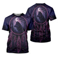 T-shirt with a wolf image framed by a dreamcatcher and feathers, set in a deep purple, starry night design. This artwork speaks to the strength of Native American culture and the spiritual significance of wolves, perfect for evening wear.