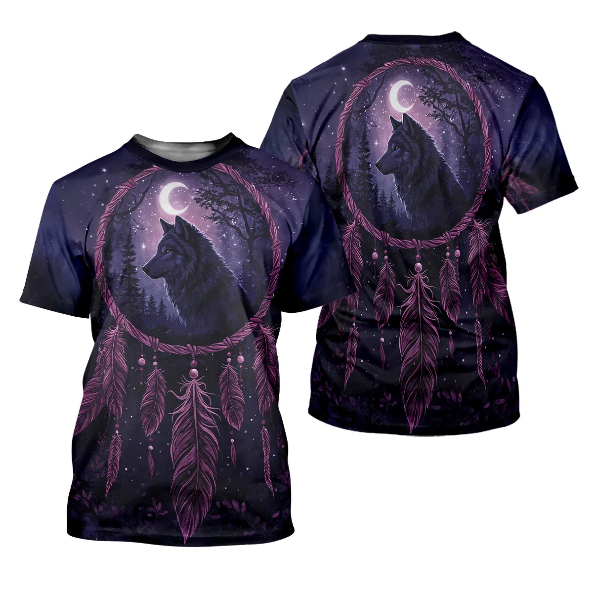 T-shirt with a wolf image framed by a dreamcatcher and feathers, set in a deep purple, starry night design. This artwork speaks to the strength of Native American culture and the spiritual significance of wolves, perfect for evening wear.