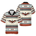 Button-up shirt with southwest Thunderbird stripe patterns in red, black, and cream, featuring a Thunderbird symbol on the chest and back, celebrating Native American traditions.