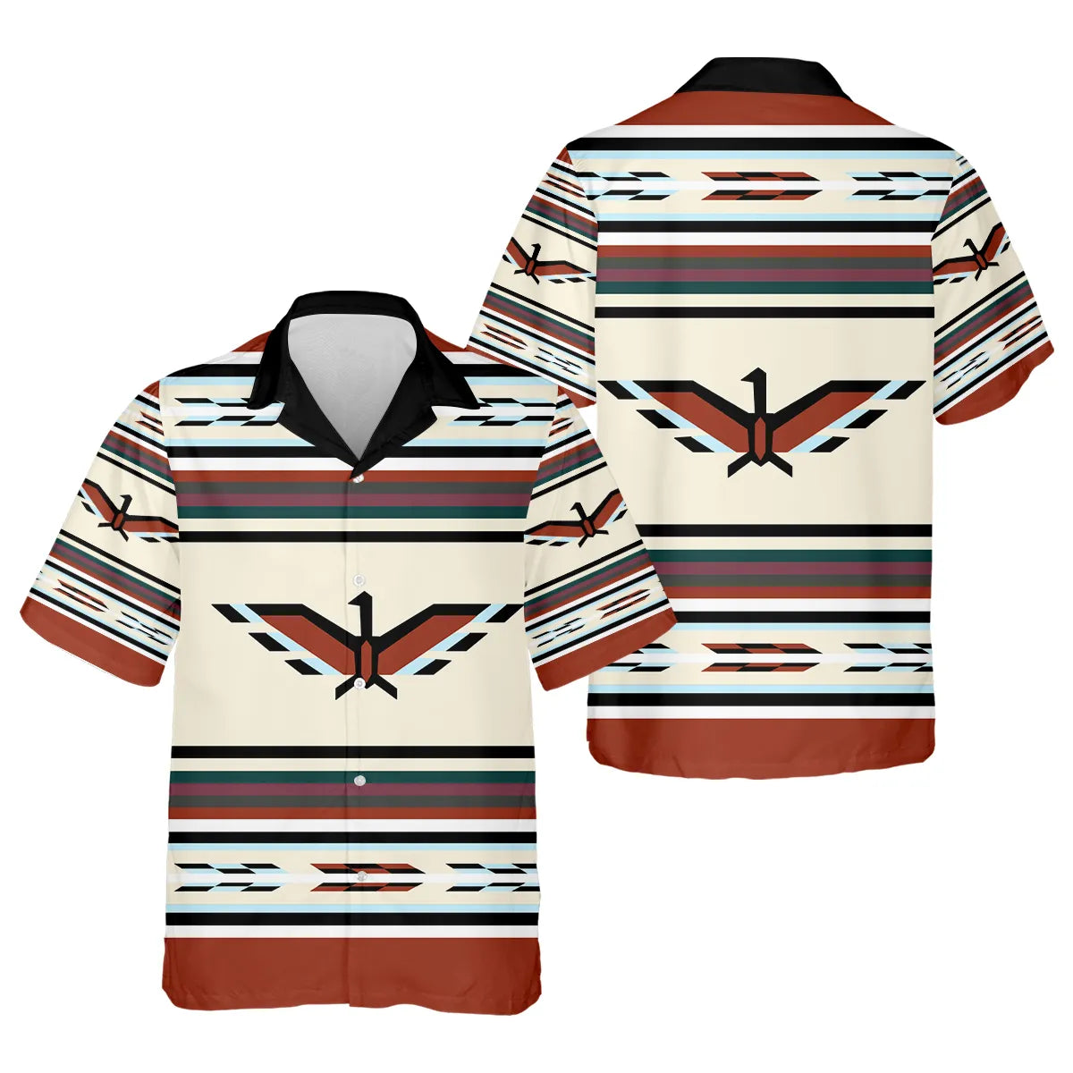 Button-up shirt with southwest Thunderbird stripe patterns in red, black, and cream, featuring a Thunderbird symbol on the chest and back, celebrating Native American traditions.