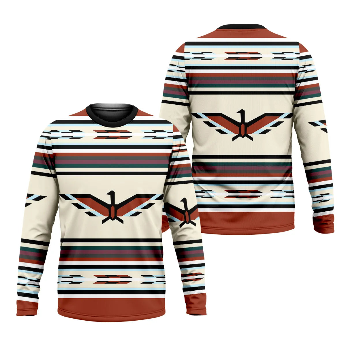 
Long-sleeve Tshirt showcasing southwest Thunderbird stripe design, with red, cream, and blue geometric patterns and a central Thunderbird artwork symbolizing cultural strength and unity.