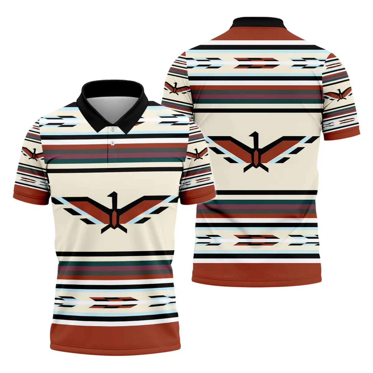Polo shirt featuring a southwest Thunderbird stripe pattern with red, green, and cream colors; Thunderbird artwork on the chest and back, symbolizing Native American strength and protection.