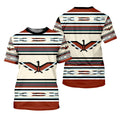Short-sleeve t-shirt with southwest Thunderbird stripe design, incorporating vibrant geometric patterns and Thunderbird artwork on both front and back, representing cultural pride and heritage.
