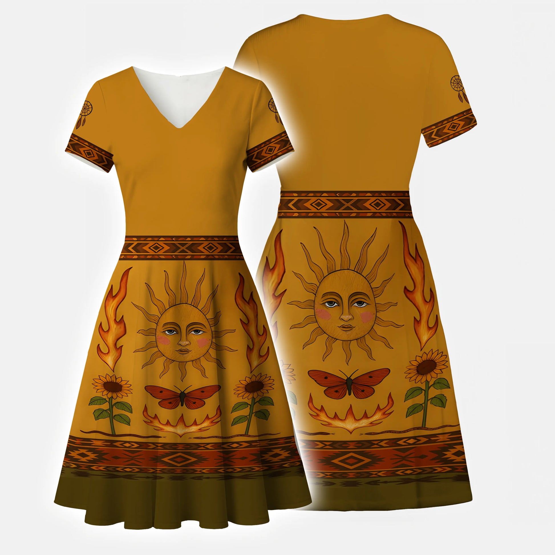  Southwestern-inspired dress with a sun and butterfly design, perfect for cultural gatherings or summer events.