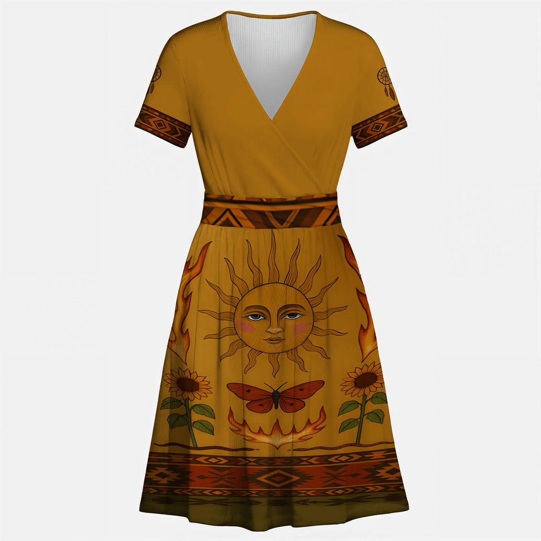 Vibrant Southwestern-inspired dress with sun, flame, and butterfly motifs for casual or boho events.