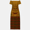 Off-shoulder dress with a sun, flame, and butterfly design for casual boho-chic looks.