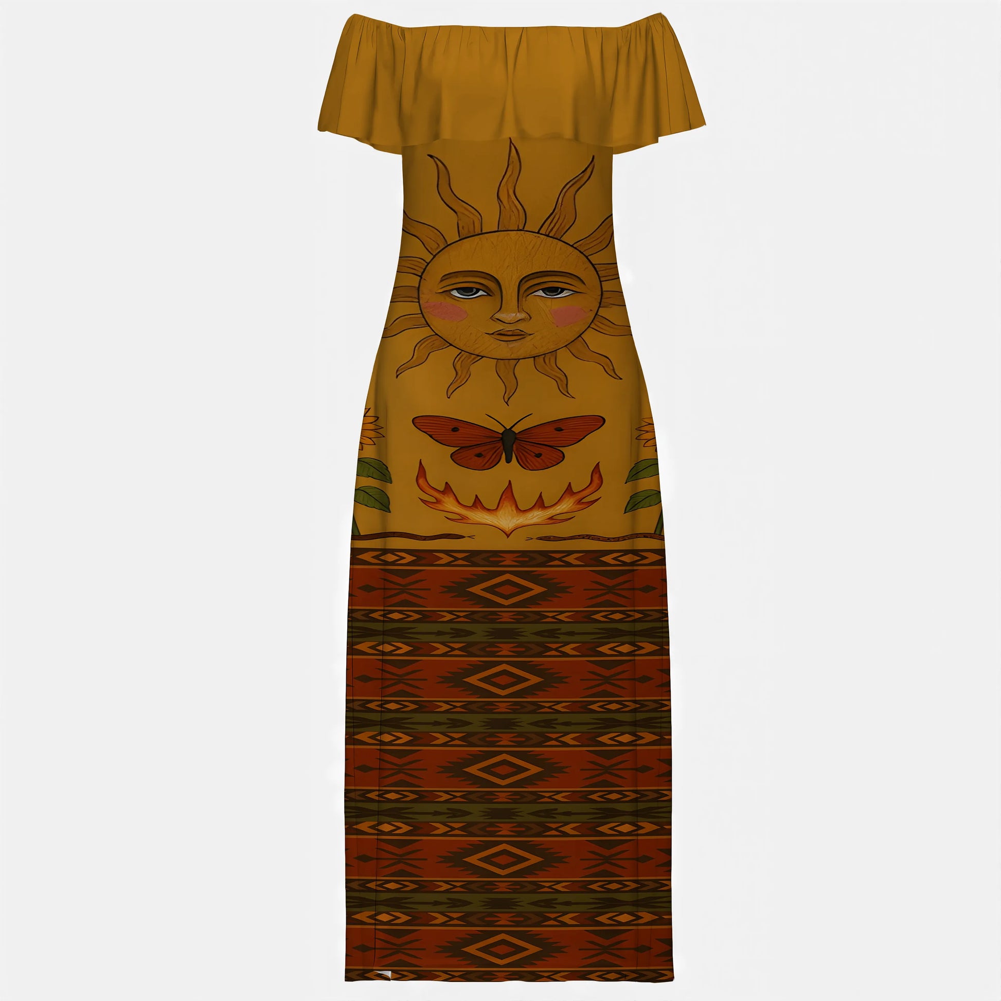 Off-shoulder dress with a sun, flame, and butterfly design for casual boho-chic looks.