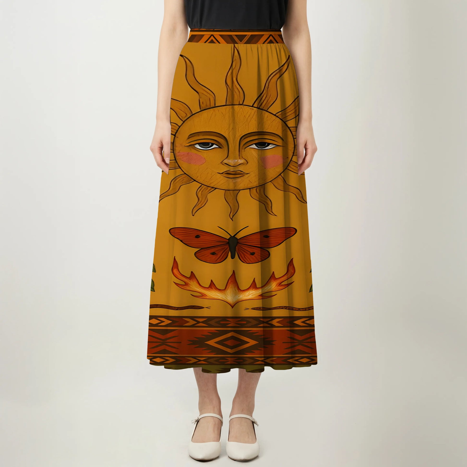 Full-length skirt with intricate Southwestern sun and butterfly motifs, perfect for warm weather gatherings.