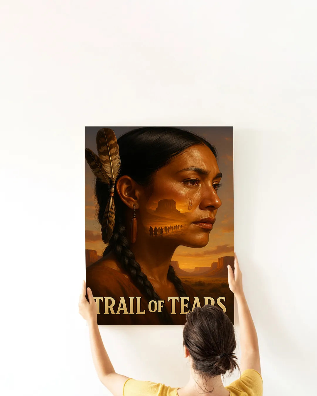 Framed Native America Trail of Tears poster featuring a Native woman with braided hair and feathers, a tear rolling down her cheek, and a sunset Southwest landscape.
