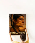 Framed Native America Trail of Tears poster featuring a Native woman with braided hair and feathers, a tear rolling down her cheek, and a sunset Southwest landscape.