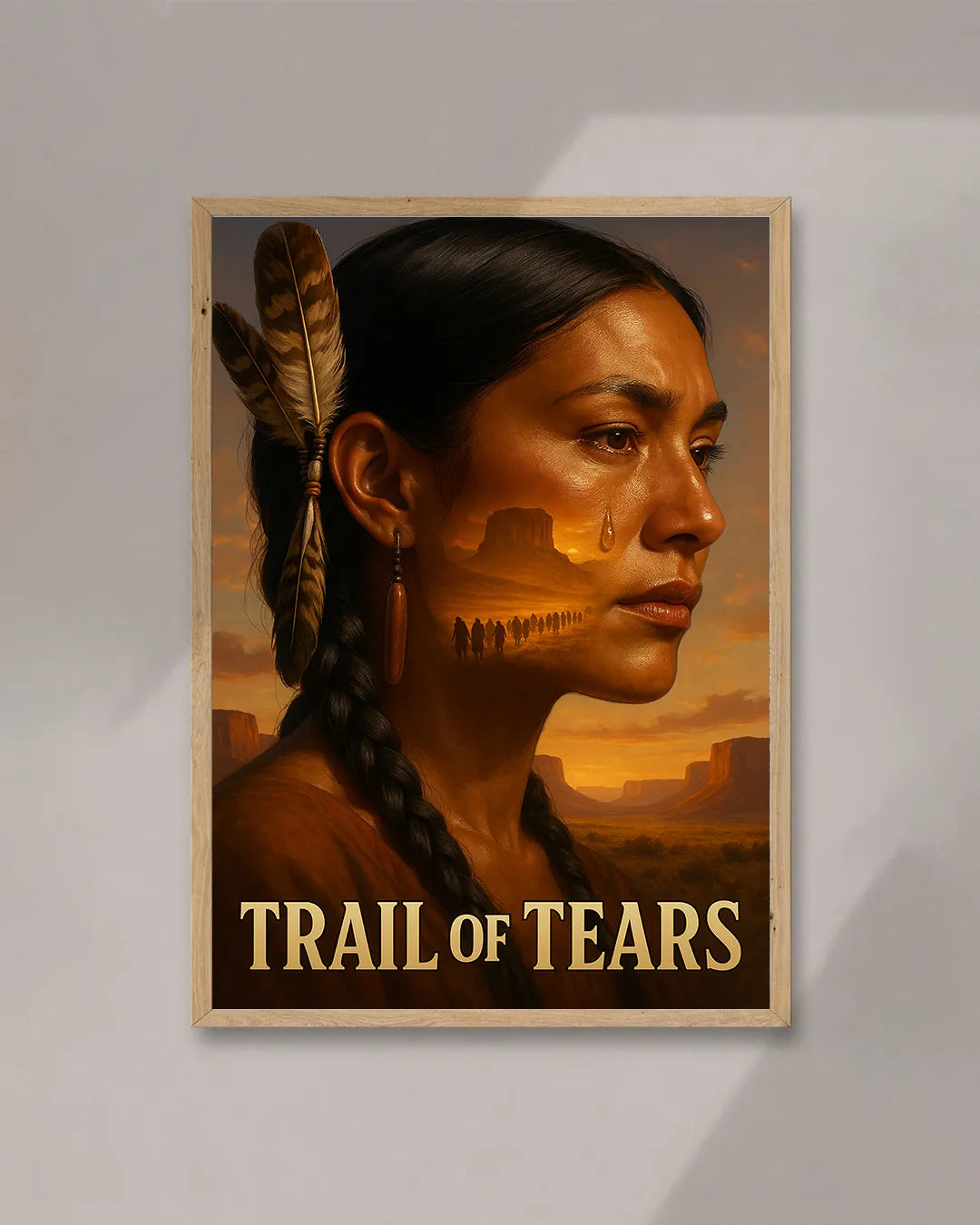 Framed Native America Trail of Tears poster featuring a Native woman with braided hair and feathers, a tear rolling down her cheek, and a sunset Southwest landscape.