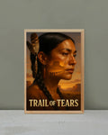 Trail of Tears artwork displayed in a modern living room, emphasizing Native heritage and history with a sunset desert scene.