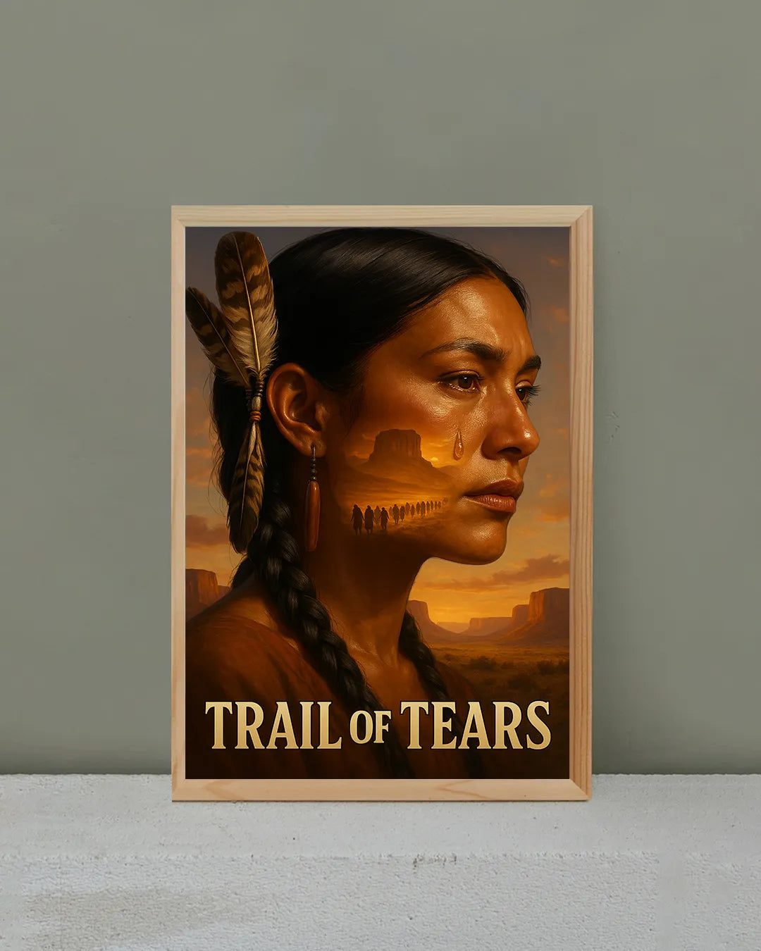 Trail of Tears artwork displayed in a modern living room, emphasizing Native heritage and history with a sunset desert scene.