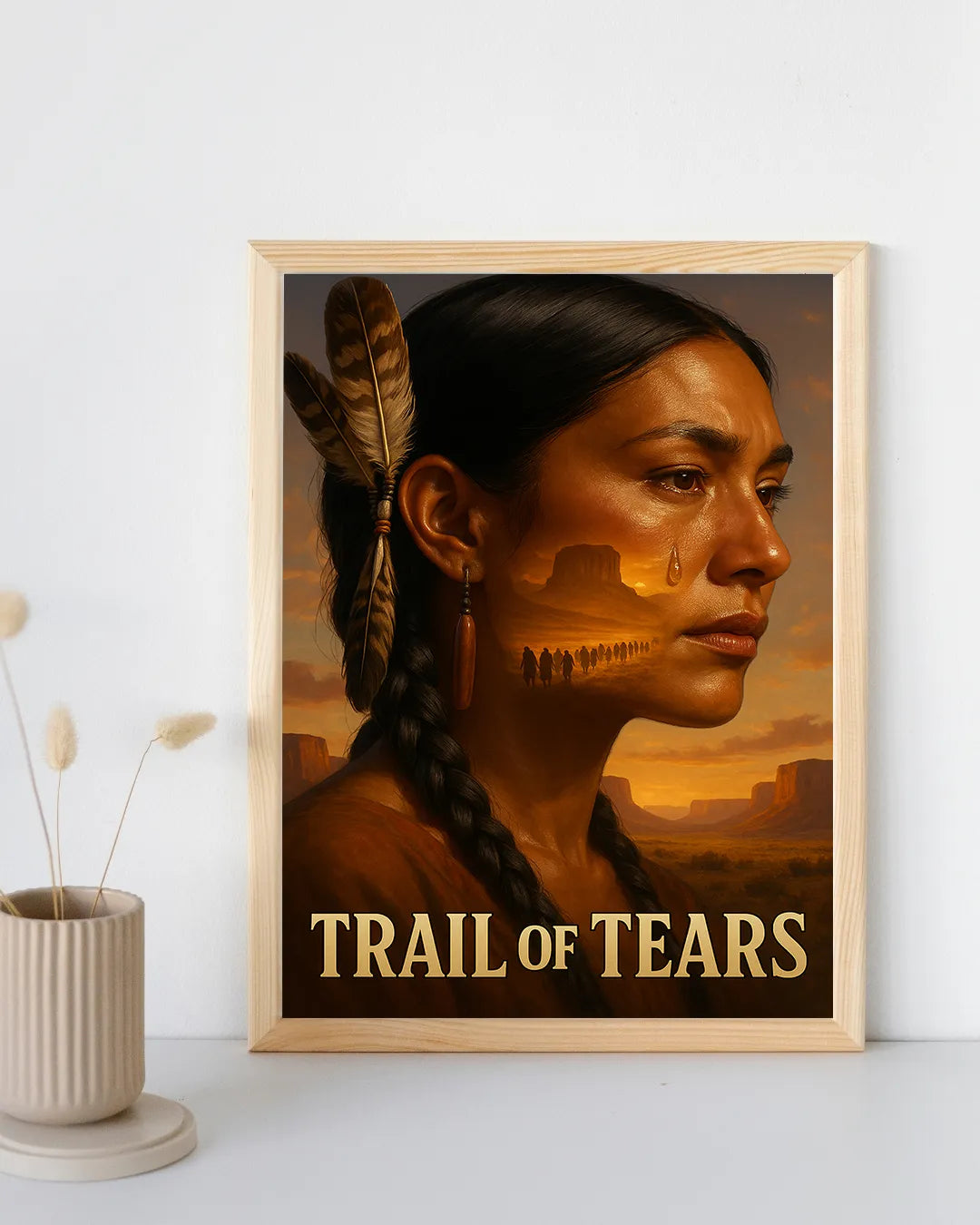 Trail of Tears artwork displayed in a modern living room, emphasizing Native heritage and history with a sunset desert scene.