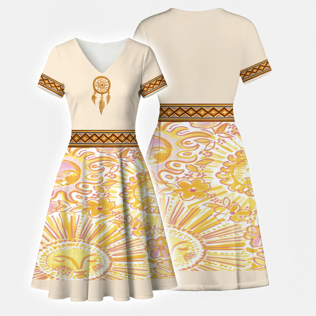 Beige dress featuring a dreamcatcher design on the chest and sunburst floral patterns in yellow and pink on the skirt, inspired by Native American culture.