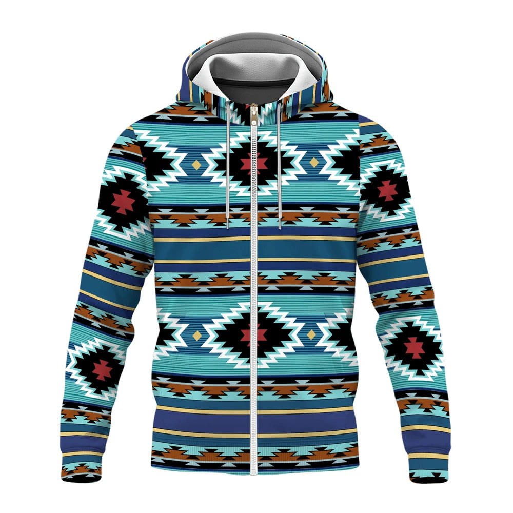 Front view of the fleece jacket showing crisp, symmetrical Native American-inspired geometric motifs in turquoise, black and brown, with a white hood lining and full zip closure.