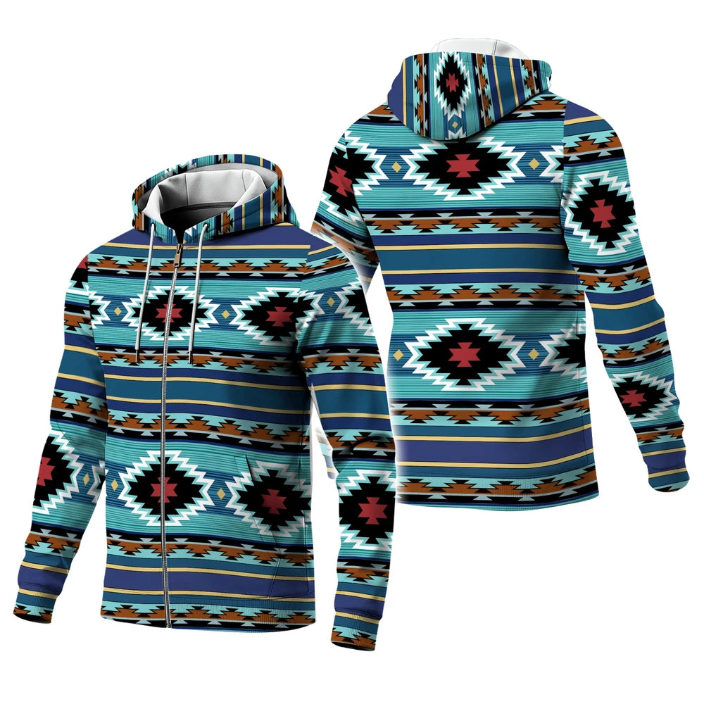 Side view of a male model in a teal and black tribal wearable blanket hoodie, showing bold geometric print and relaxed fit