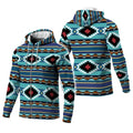Unisex fleece jacket with full-zip front and hood, featuring bold turquoise, navy and rust geometric tribal stripes inspired by Native American patterns on a white background.