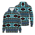 Pullover hoodie version of the same tribal hoodie, featuring a drawstring hood and continuous turquoise and rust tribal pattern across chest, sleeves and back.