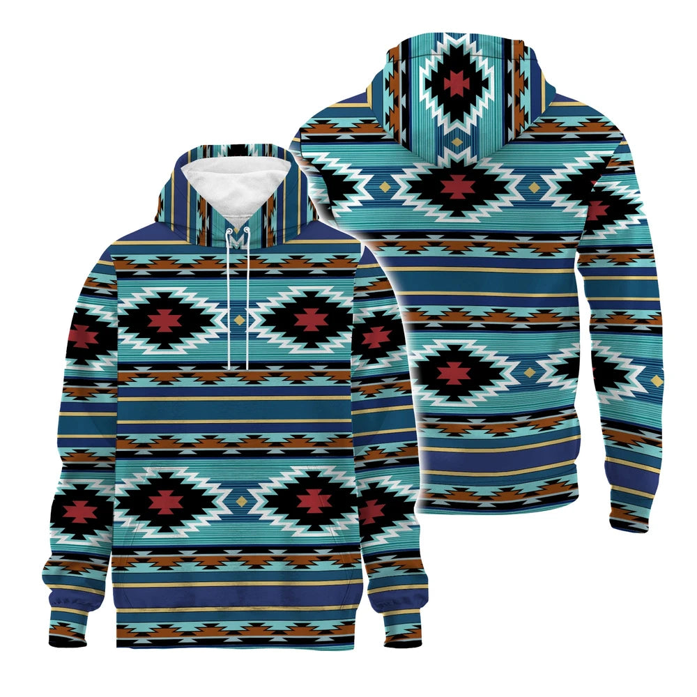 Pullover hoodie version of the same tribal hoodie, featuring a drawstring hood and continuous turquoise and rust tribal pattern across chest, sleeves and back.