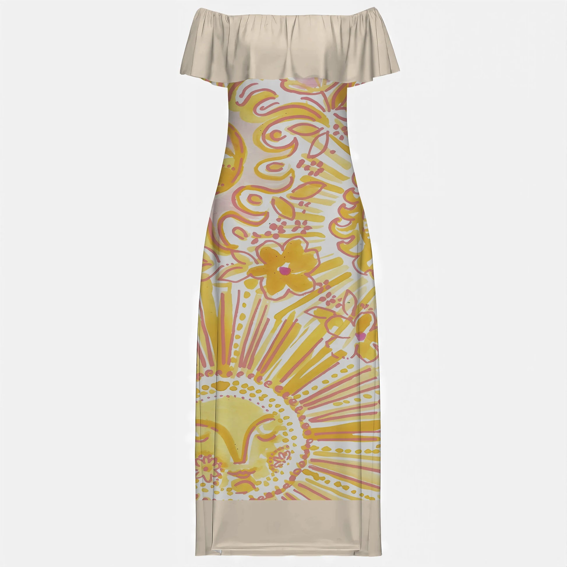Off-shoulder dress with sunburst floral patterns in yellow and pink and a dreamcatcher design on the chest, honoring Native American symbolism.