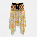 Sunburst-patterned skirt with vibrant yellow and pink flowers and a traditional Native American-inspired waistband design.
