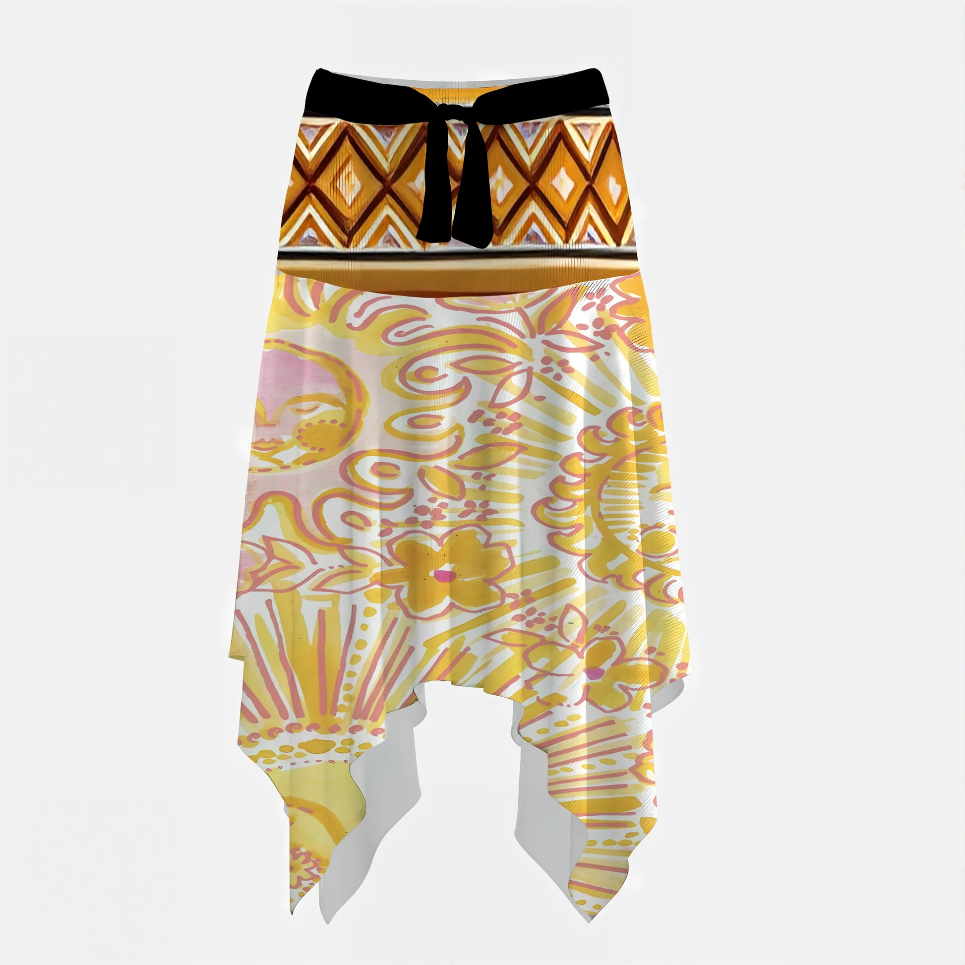 Sunburst-patterned skirt with vibrant yellow and pink flowers and a traditional Native American-inspired waistband design.