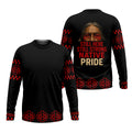 
Black crewneck Long sleeve T-shirt with red patterned sleeves and hem; back shows red and gold “Still Here Still Strong Native Pride” lettering.
