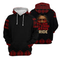Black pullover hoodie with red geometric trim on sleeves, hood lining, and hem; back displays bold “Still Here Still Strong Native Pride” text.