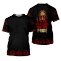 Black crew‑neck t‑shirt with red form‑line inspired pattern on hem and sleeves; back shows an Indigenous elder portrait and large “Still Here Still Strong Native Pride” typography.