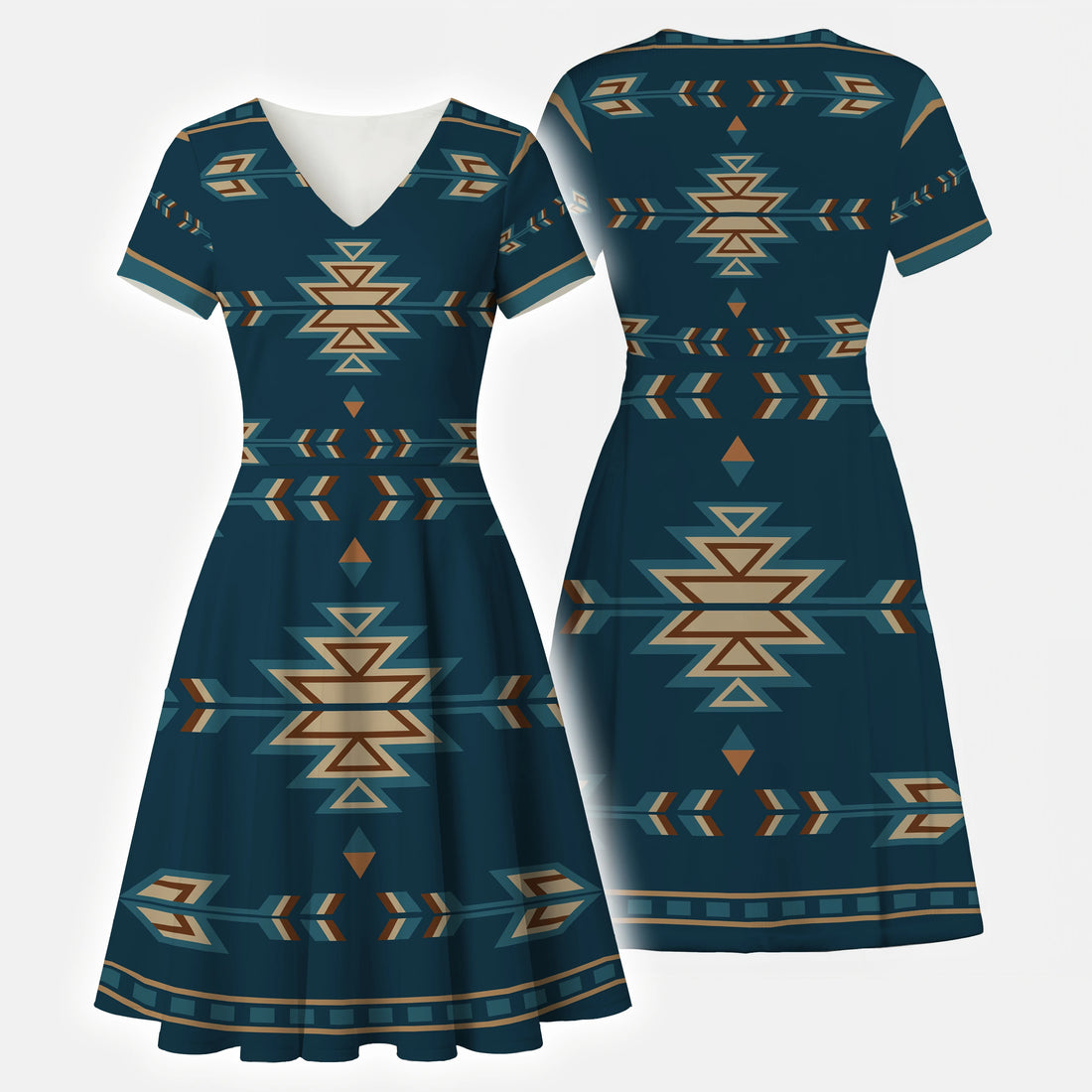 Front view of Native American Navajo geometric pattern dress featuring Southwestern tribal design