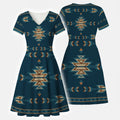 Back view of Navajo geometric pattern dress with Southwestern tribal details