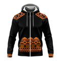 Front view of Native American hoodie with bold tribal designs and black-orange color scheme